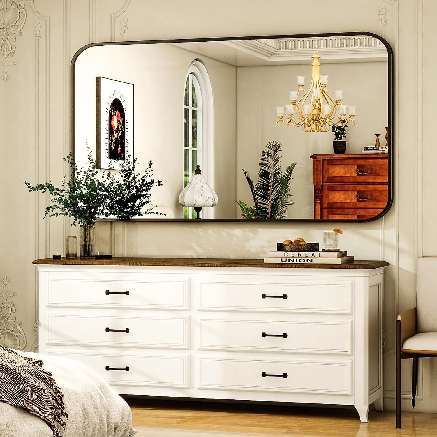 30 X 48 Inch Bathroom Mirror Rounded Rectangular Vanity Wall Modern Room Decor Black Framed Wall Mounted Home Hangs Horizontally