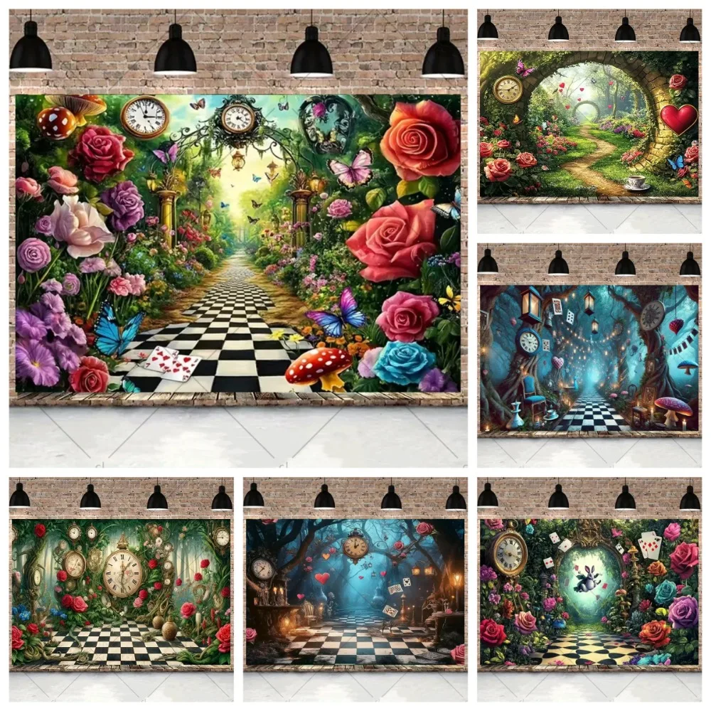 

Приключения Алисы в стране чудес, фон для баннера на день рождения, музыкальный детский день рождения, украшение для фотосъемки