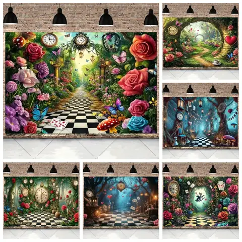 Alice's Adventures in Wonderland Birthday Party Banner Backdrop, Music Children's Birthday Party Decoration Photography Backdrop