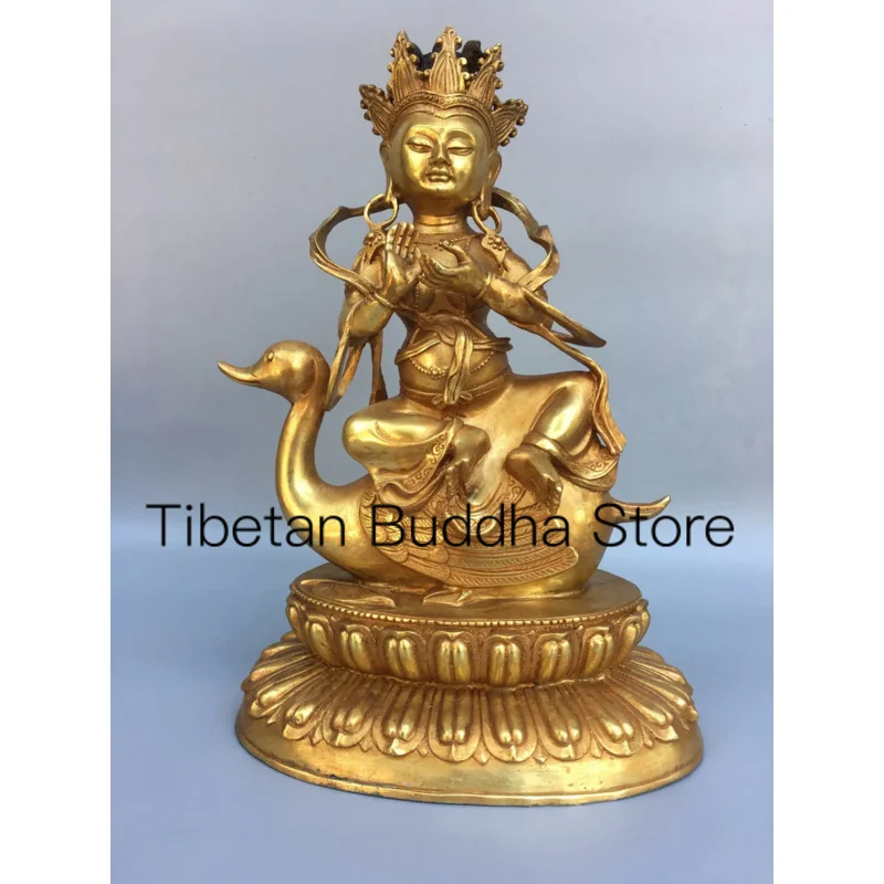 29cm Xizang Nepal Old Pure Copper Gilded Gold Auspicious and Goddess Riding Goose Buddha Temple Decoration