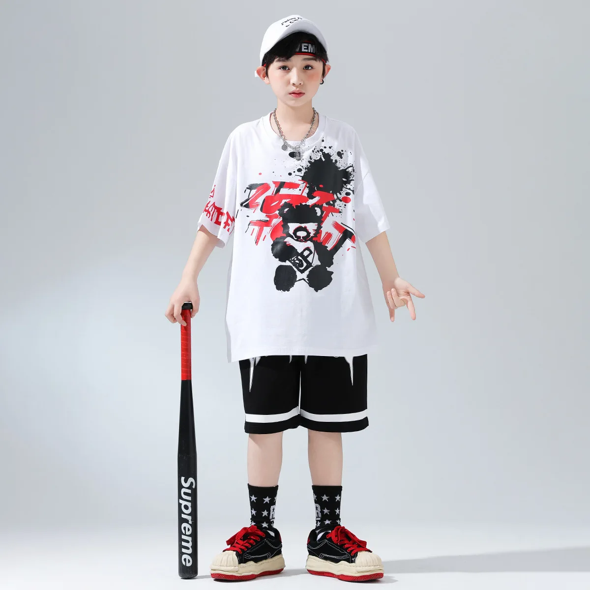 Abbigliamento Hip Hop Kpop per bambini T-shirt con stampa bianca Top Pantaloncini estivi casual da strada neri per abiti da ballo jazz per ragazza ragazzo