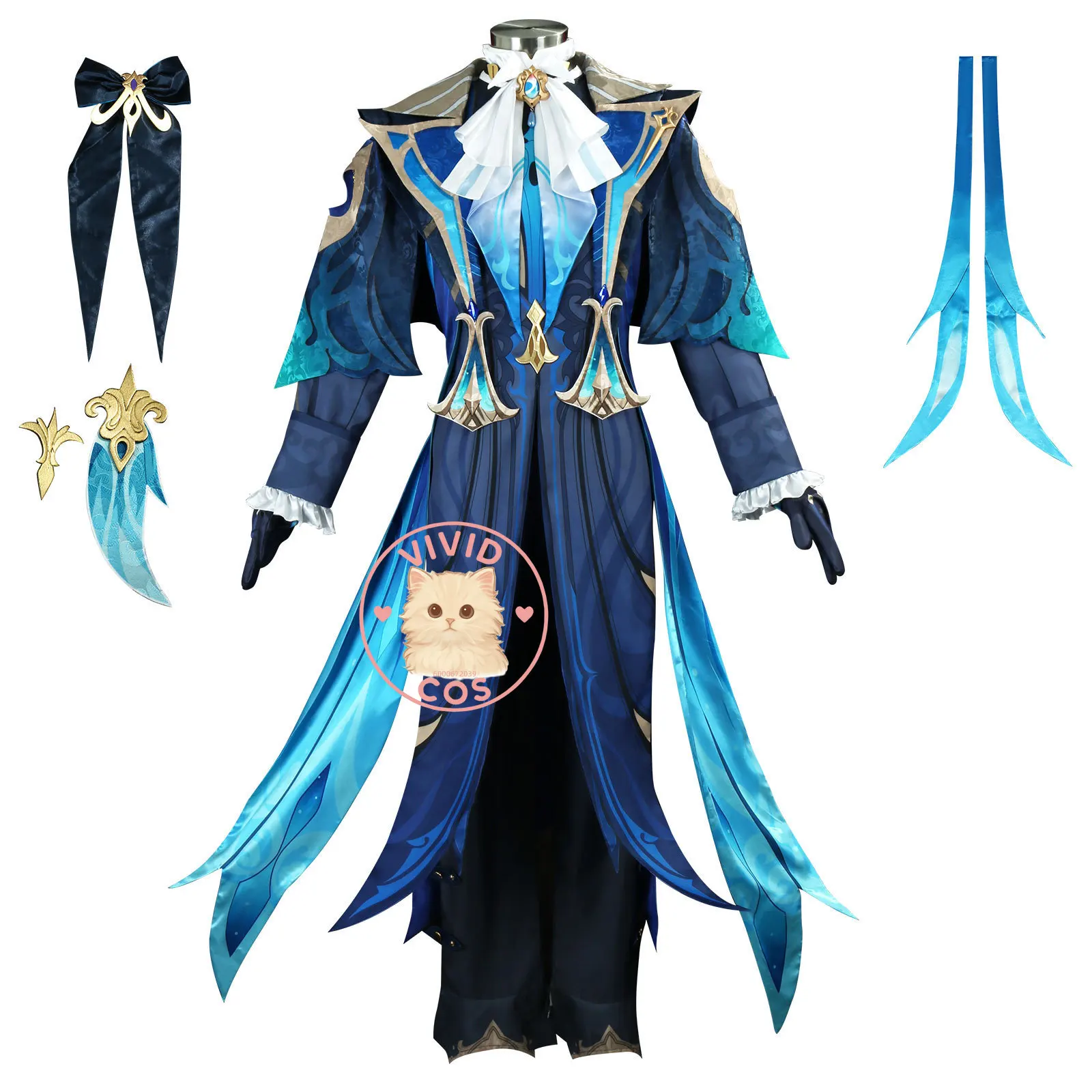 Популярная игра Genshin Impact, карнавальный костюм, аниме Neuvillette, наряд для ролевых игр, мужская синяя униформа, костюм для Comic Con на Хэллоуин