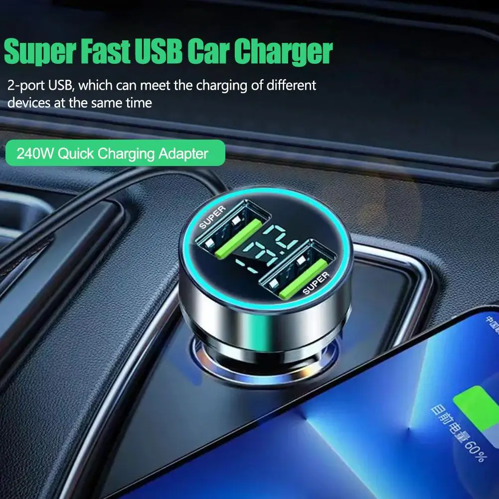 240W Car Charger 2 Port Fast USB Charging Adapter With Digital Display For IPhone Quick Charging Chargers