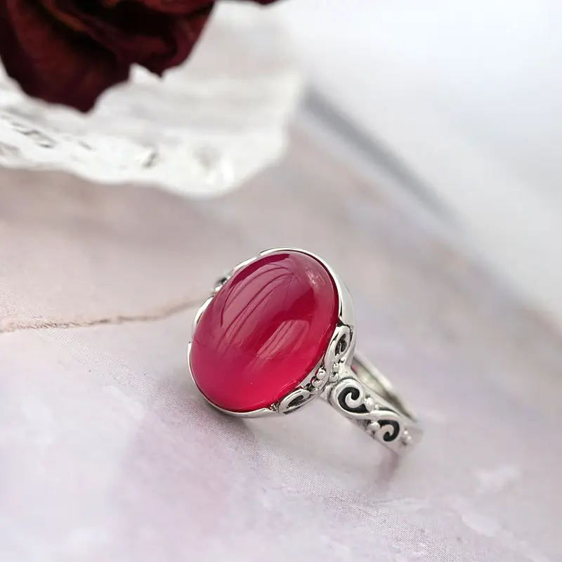 خواتم كلاسيكية أنيقة بتصميم عتيق من الفضة الإسترليني عيار 925 مرصعة بالياقوت الاصطناعي افتتاح قابل للتعديل خاتم للسيدات هدية مجوهرات حساسة