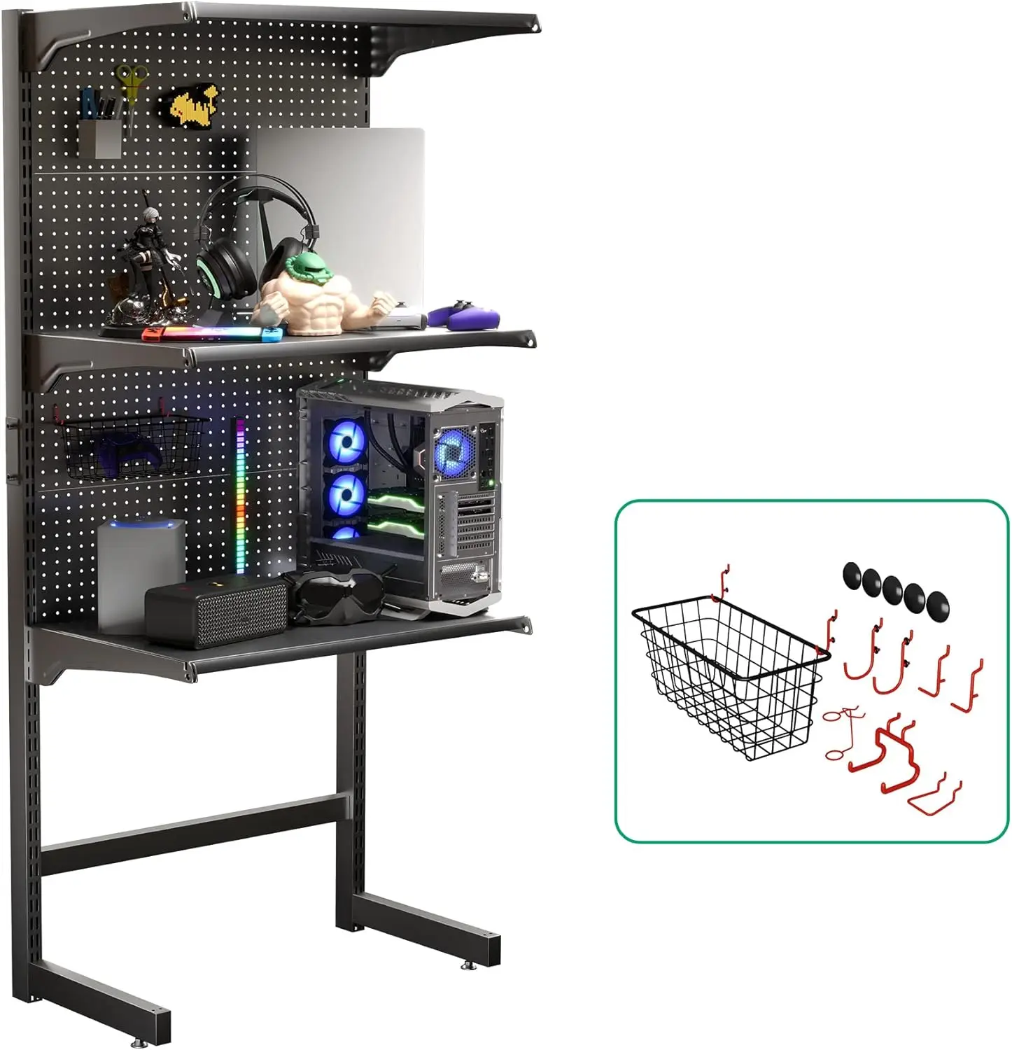 

JWX DDB Gaming Standing Shelf Units, 30‘’ Free Standing Gaming Shelf Pegboard Cabinet with Home Office Metal Pegboard