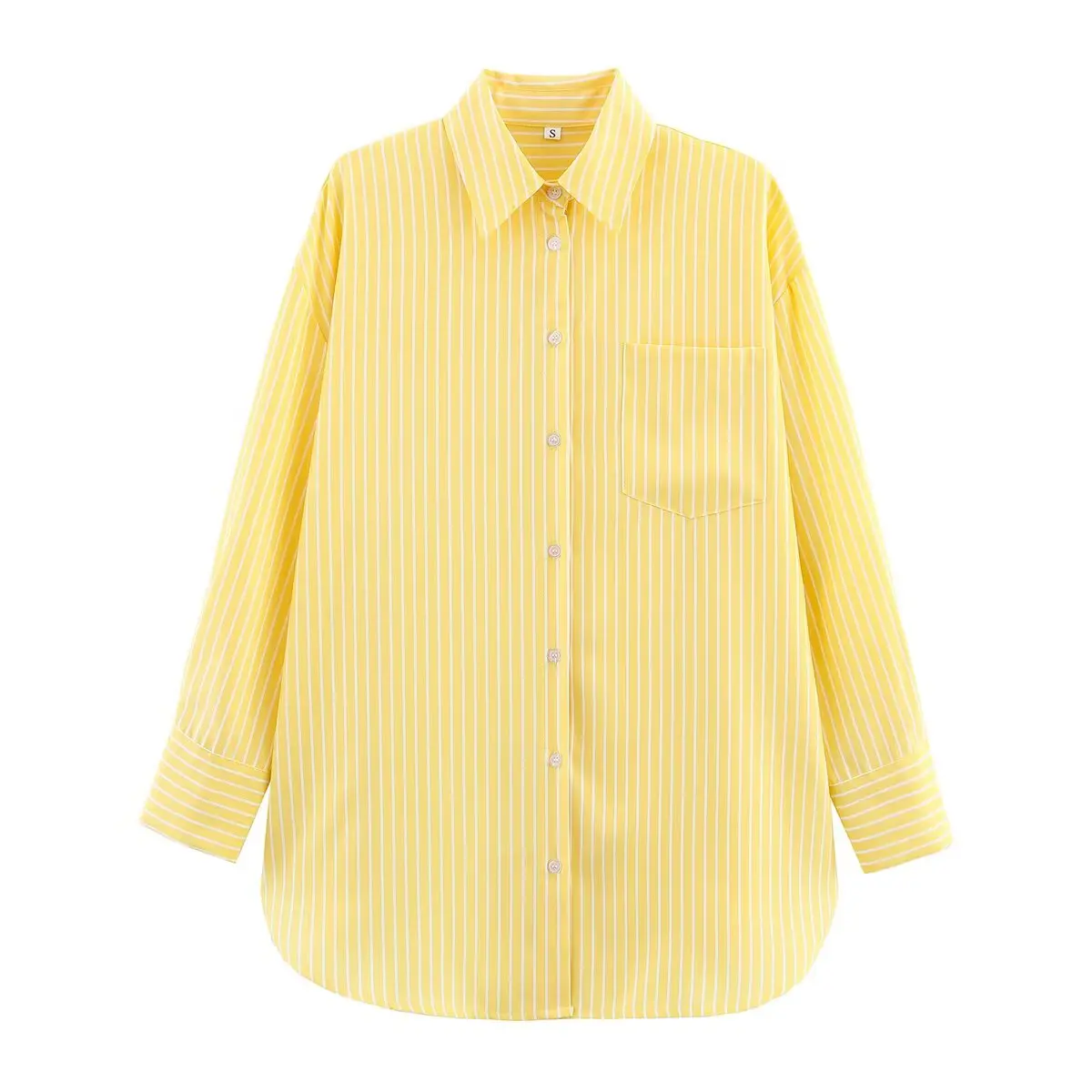 

Zevity 2025 Women Fashion Turn Down Collar Yellow Striped Loose Blouse Femme Single Pocket Shirt Chic Chemise Blusas Tops LS9254