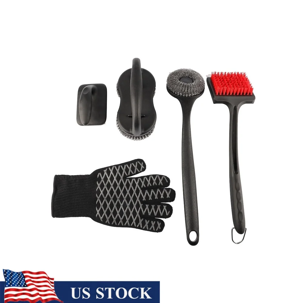 

5pc Grill Cleaning Kit with Nylon Bristle Brushes Wire Scrapers Heat Resistant Gloves BBQ Accessories Easy Cleaning and Ideal