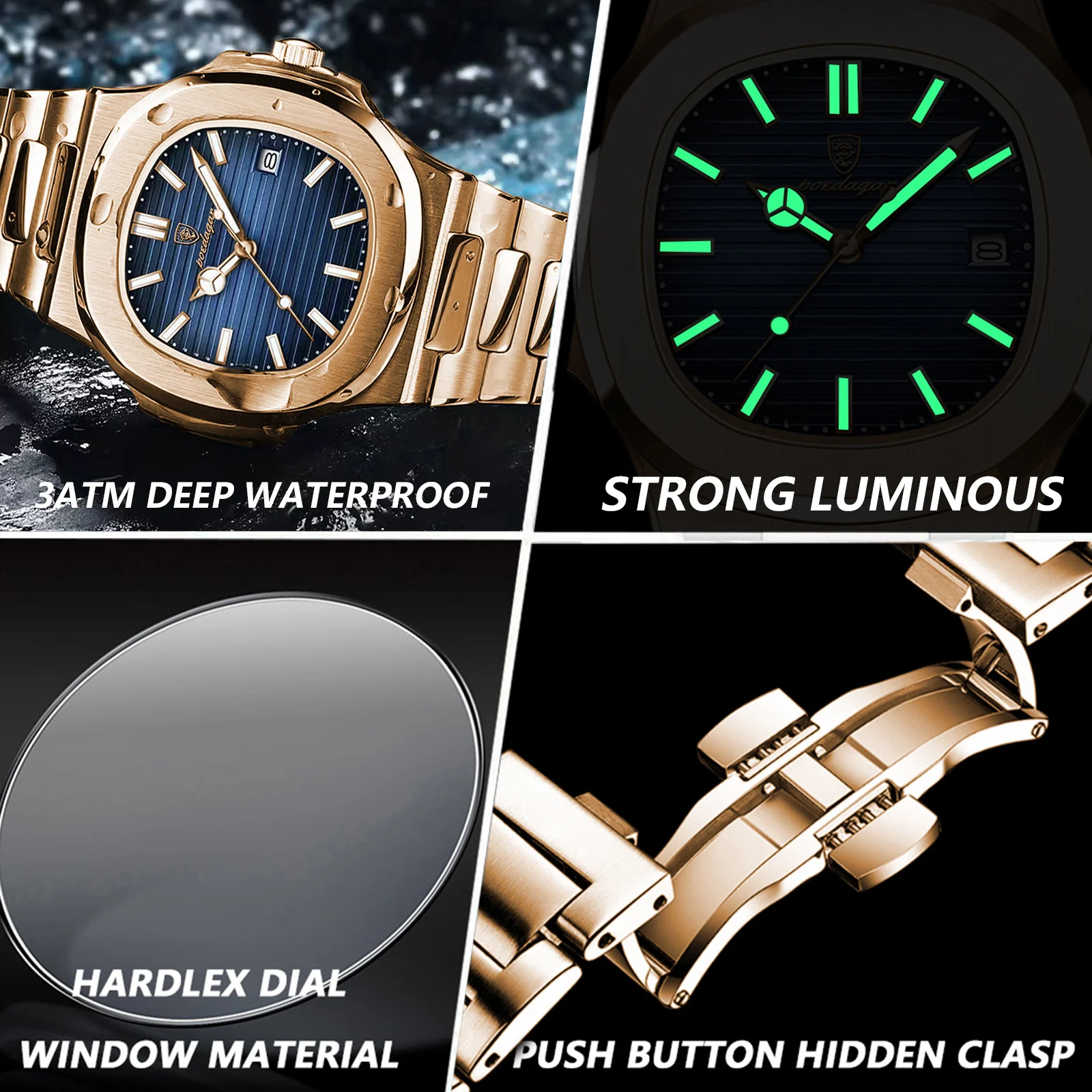 POEDAGAR-Reloj de pulsera de lujo para hombre, cronógrafo de cuarzo de acero inoxidable, resistente al agua, luminoso, con fecha, cuadrado + caja