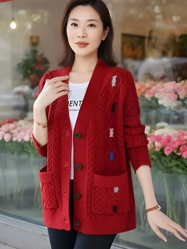 

Slimming Effectiven Large Size Sweater Long Sve V-Ne Knitted Outerwear for plus Size Women Spring Autumn New Sle Ca...