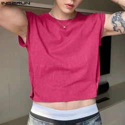 INCERUN Tops 2024 Korean Style New Mens Solid Casual Cropped Design Vests Adjustable Buckle Two Piece Sleeveless Tank Tops S-5XL