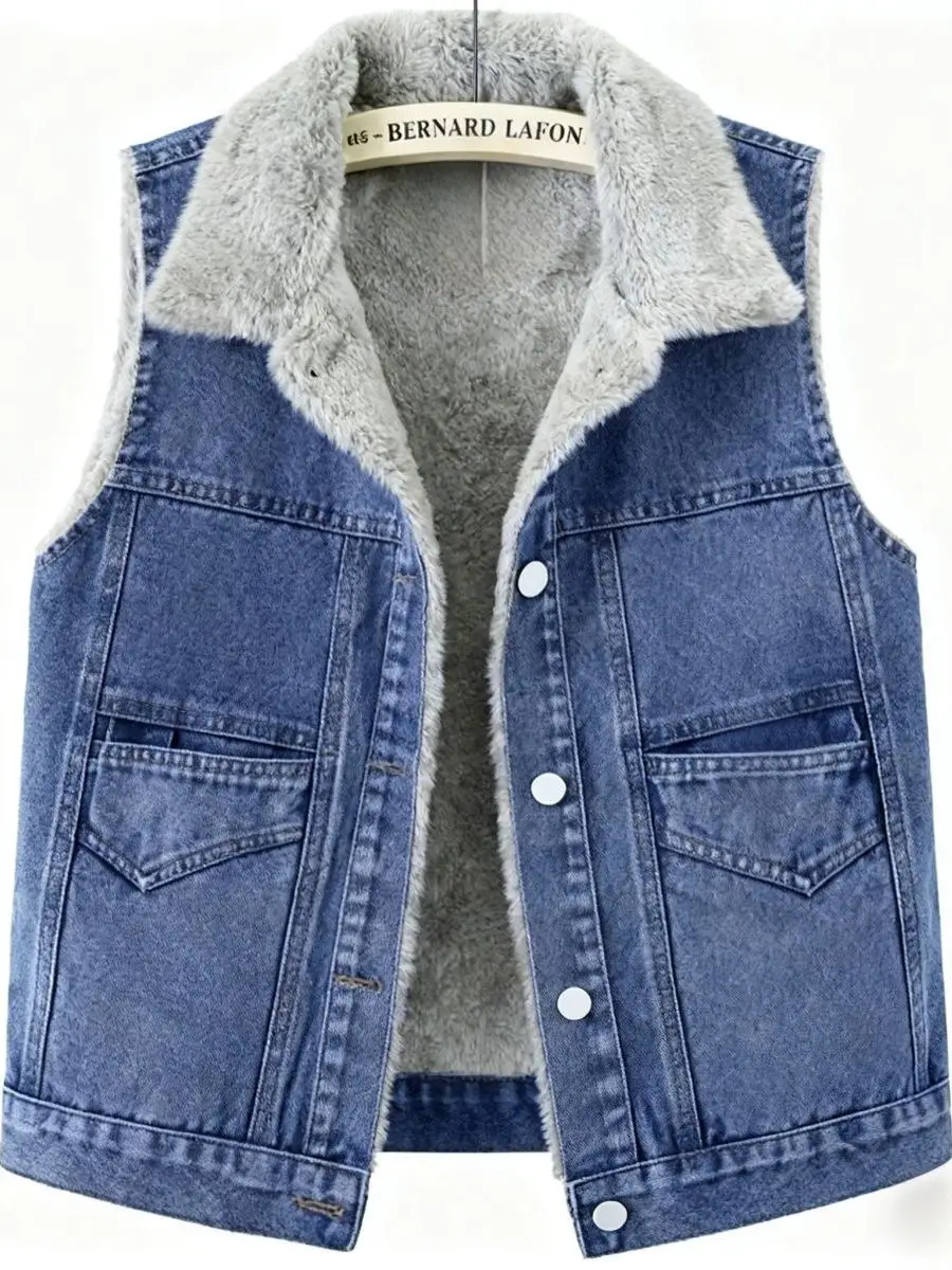 

Fce Lined Denim Vest Faionable Layering Jaet for Middle-Aged Mothers Thiened Cotton Polyester Blend Warm Outerwear