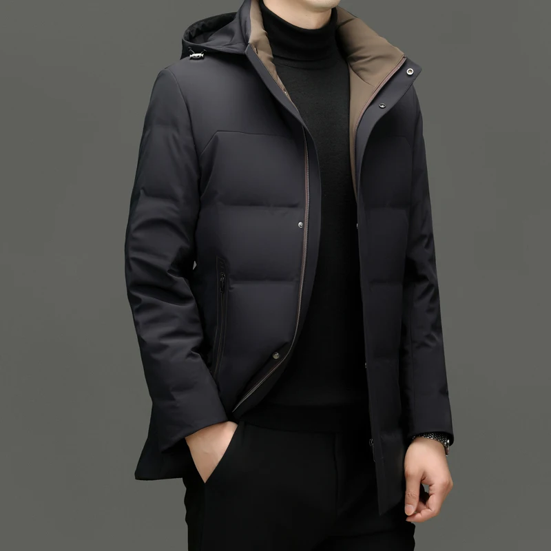 2026 Winter Men's Solid Hooded Duck Down Coat Hat Detachable Business Casual Windproof Warm Thicken Padded Puffer Jacket Outwear