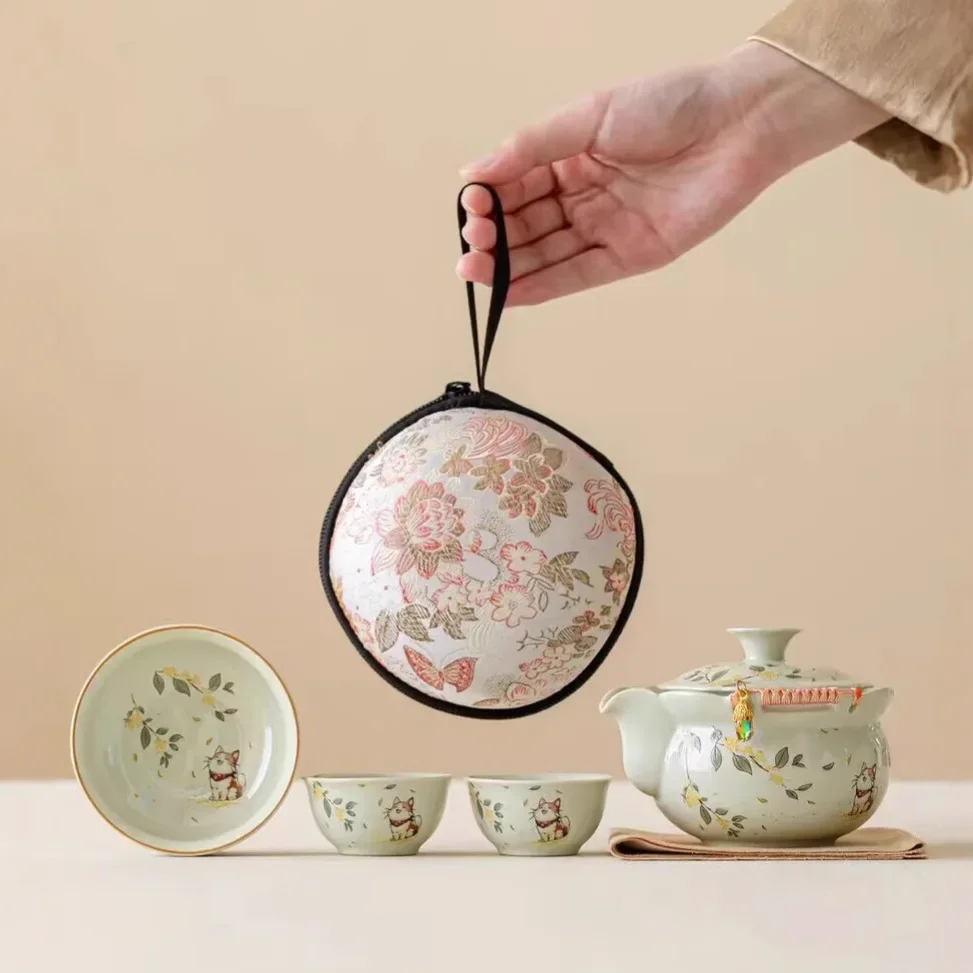 Osmanthus Kitten Hand-caught Kettle Quick Cup One Pot Three Cups Ceramic Portable Storage Outdoor Travel Tea Set Luxury Gift Cup