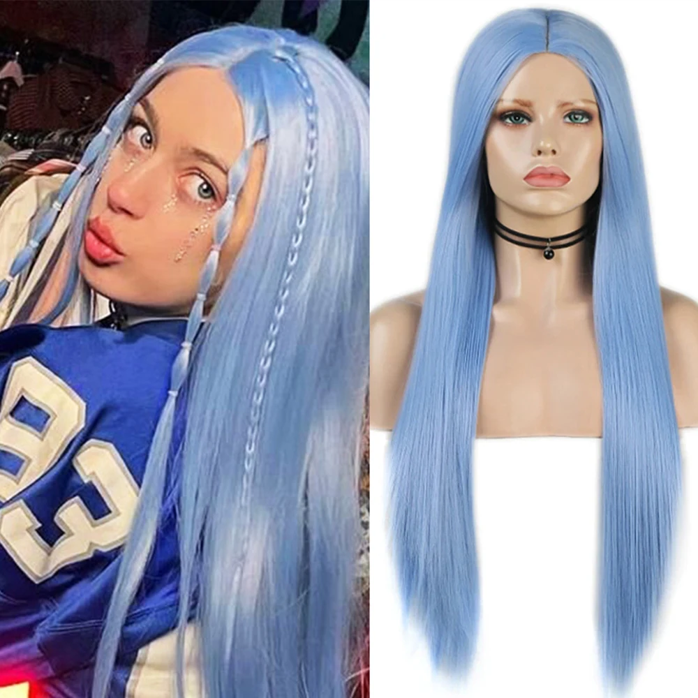 

Blue Synthetic Wig Straight Hair for Women Cosplay Long Silk Straight Light Blue Heat Resistant Lace Front Wigs Blue Hair