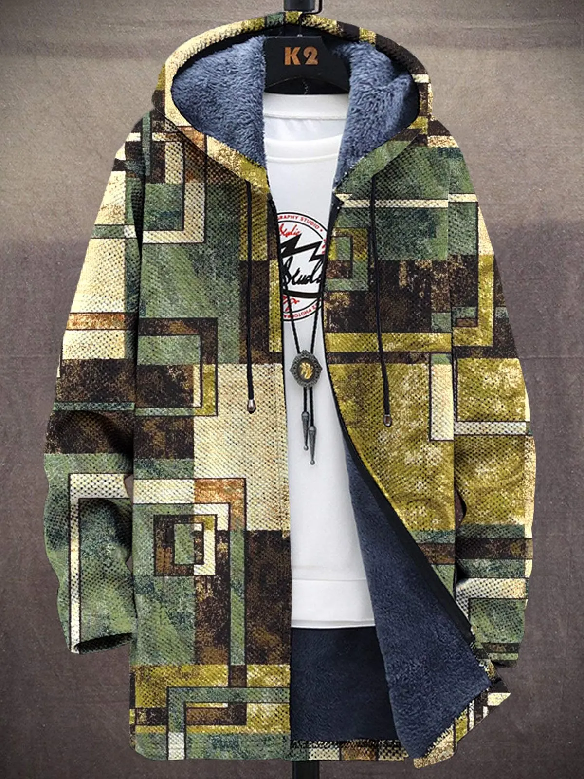 Men's Fleece Lined Hooded Trench Coat Geometric Art Print Colorful Sector Sweater Coats Casual Hoodies for Men