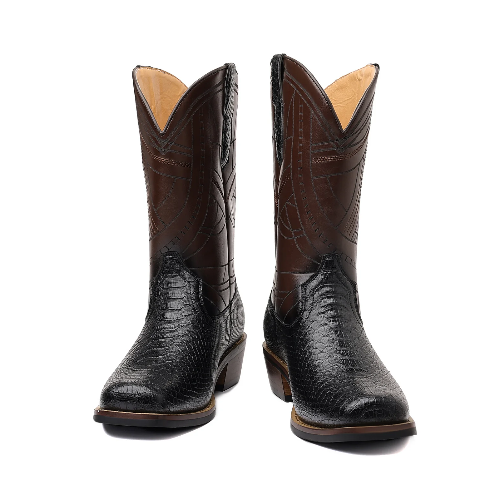 Mannen Cowboylaarzen Slangpatroon Reliëf Geborduurde Laarzen Ridderlaarzen Houten Hakzool Halloween Kostuum Schoenen