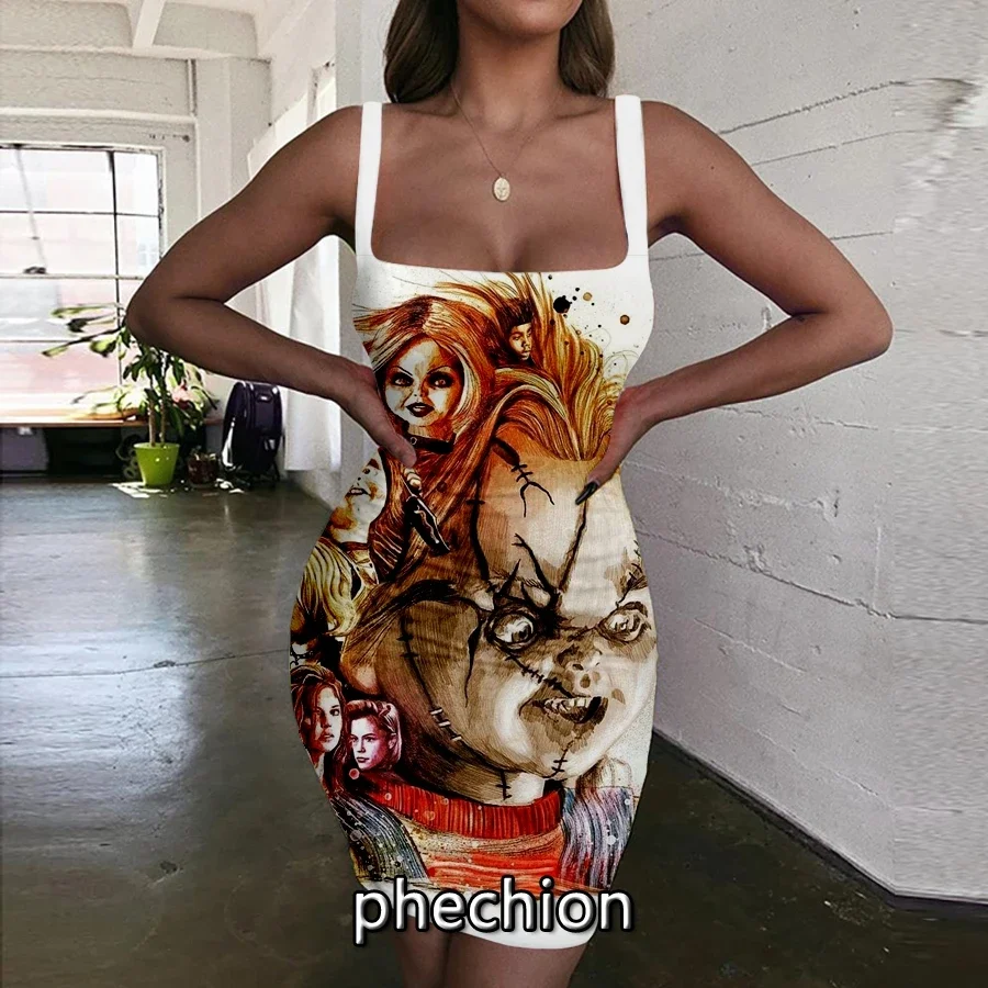 

phechion Cartoon Chucky 3D Print Dress Women Halter Sleeveless Fashion Ladies Dresses Novel Sexy Womens Clothing Party Beach G03