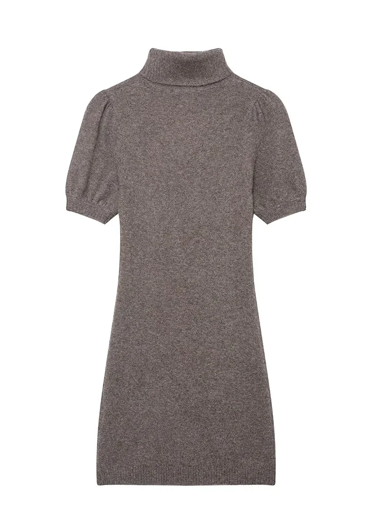 

HH Elegant Women Fashion Casual Slim Short Sleeves High Collar Mini Dress Woman Solid Knitted Stretch Pullover Short Dress Mujer