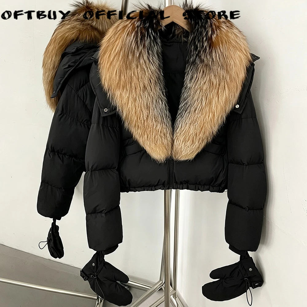 OFTBUY Duck Down Jackets Female 2026 Winter Puffer Coat Women Real Fox Raccoon Fur Collar Coat White Parkas Gloves Cold Winter