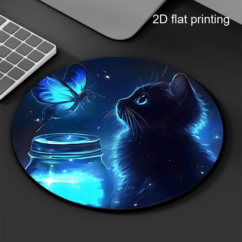 Black Cat Butterfly Round Mouse Pad Desk Mat Non-Slip Laptop Office Desk Mats Mousepad Laptops Setup Office Desk Accessories