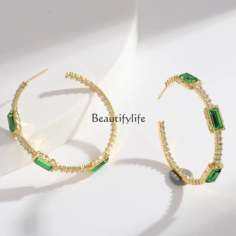 

Pure green circle premium earrings geometric inlay, versatile temperament stud earrings