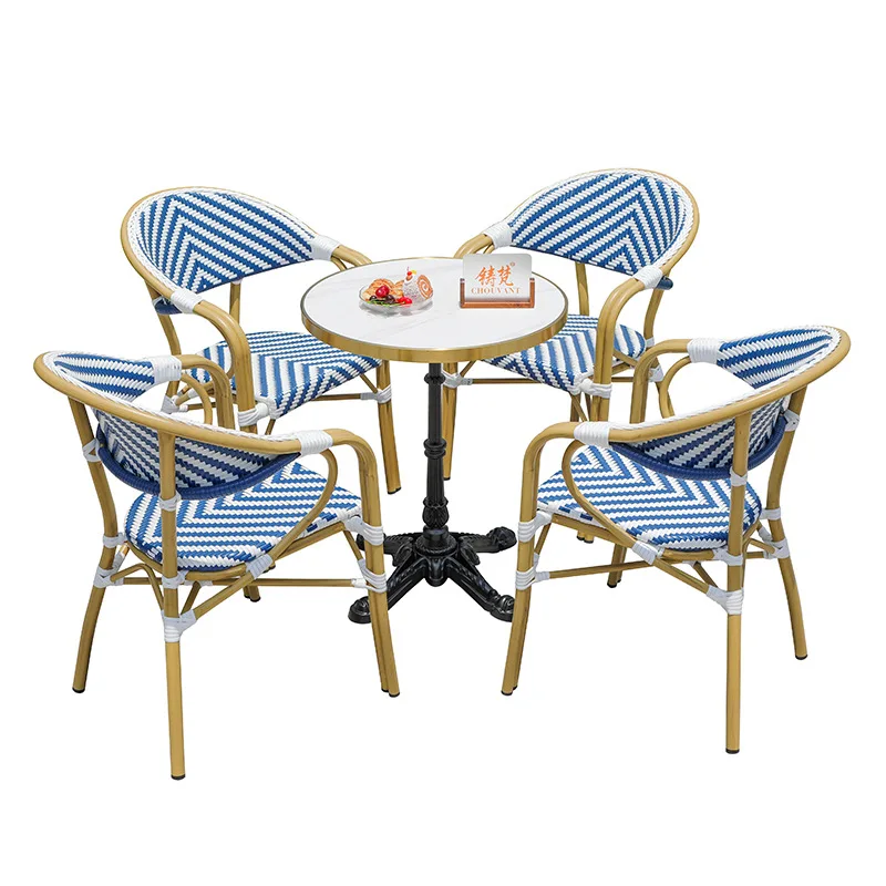 

French rattan courtyard outdoor tables and chairs, villa rock slab garden open-air leisure home milk tea shop tables and chairs