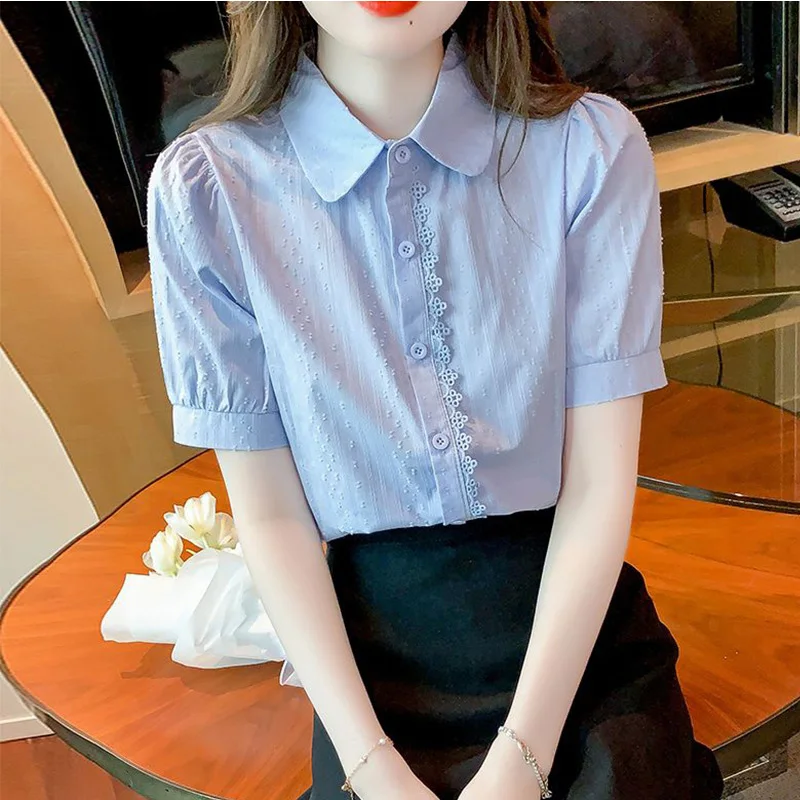 2024 New Summer Office Lady Loose Casual Retro Korean Style Women\'s Shirt 100%cotton Lace Splicing V Neck Short Sleeve Chic Tops