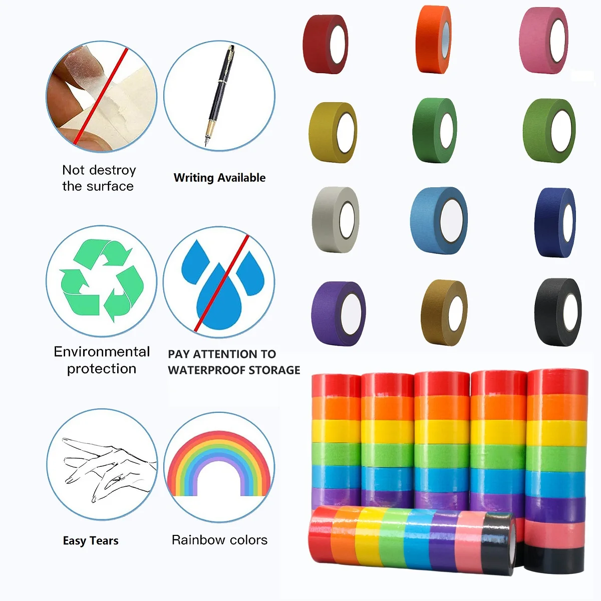 12 Colors Rainbow Masking Tape Easy Tear & Removable Writable Tape for Painting Crafting Labeling Bullet Journals And Party Deco