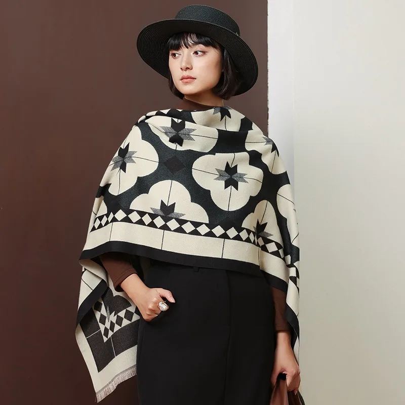 

Autumn and winter new faux cashmere scarf for women, cartoon floral pattern, warm and versatile long shawl, double-sided