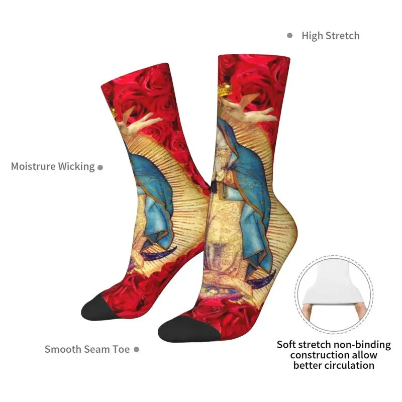 ถุงเท้าลายพระแม่กัวดาลูเป้พร้อมดอกไม้ สำหรับผู้ชายและผู้หญิง ถุงเท้าข้อสั้นแบบตลกๆ แปลกใหม่ สไตล์คาทอลิก