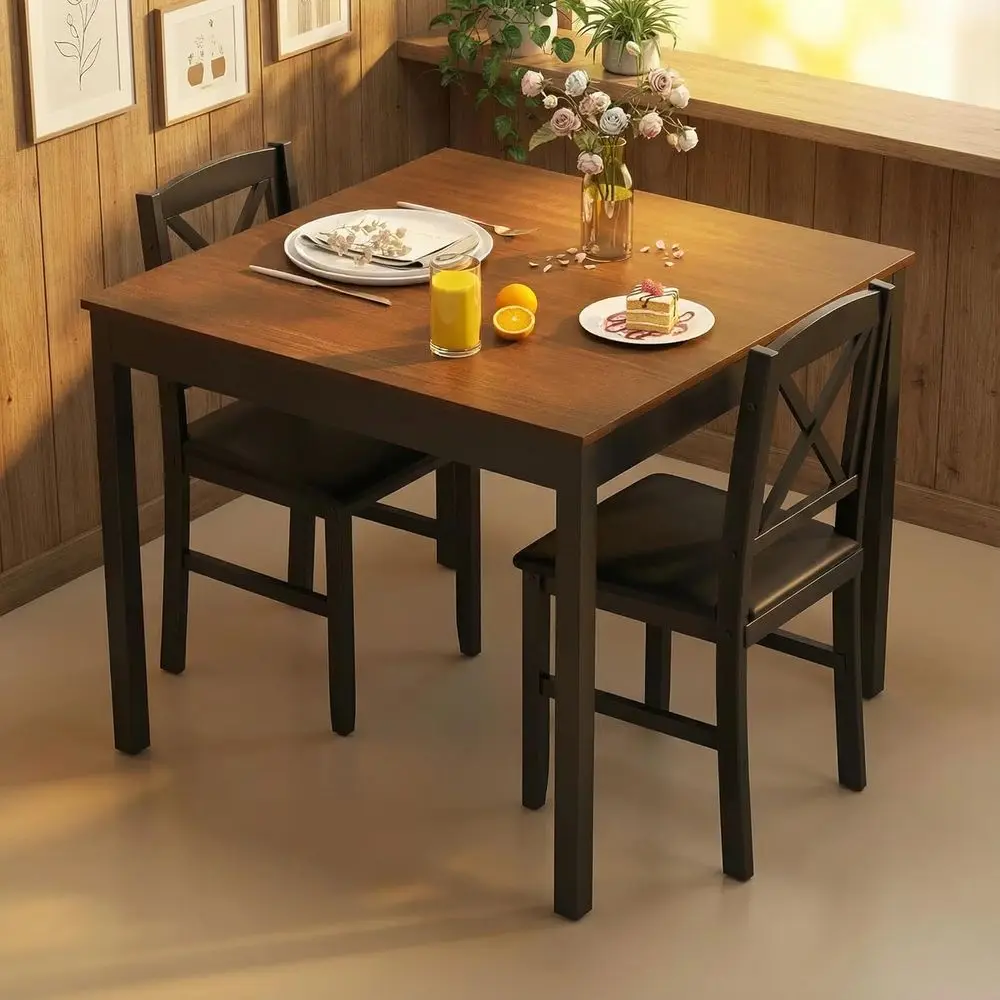 

Mid-Century Modern Dining Table Set for 2, Wooden Kitchen Table & 2 Chairs with Padded Seats, 3-Piece Compact Dining Set for Sma