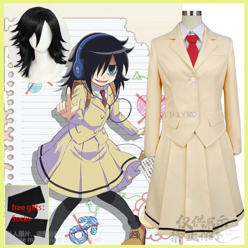 Anime WataMote Tomoko Kuroki Cosplay Costume Cream Yellow Jk School Uniform Dress Lovely Lolita Halloween Party Black Wig Cos