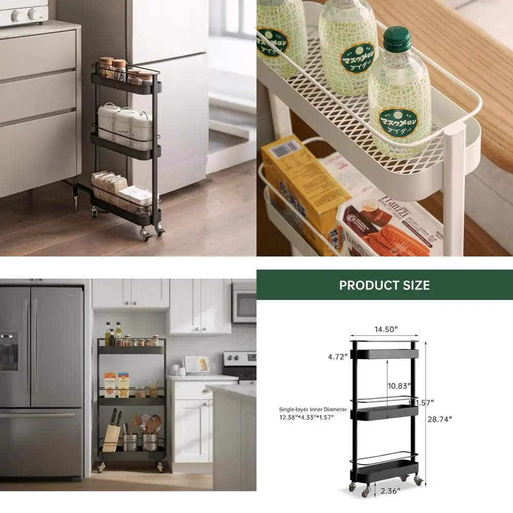 

3-Tier Metal Utility Cart for Kitchen and Laundry, Mobile Shelving Unit with Narrow Profile Storage Organizer