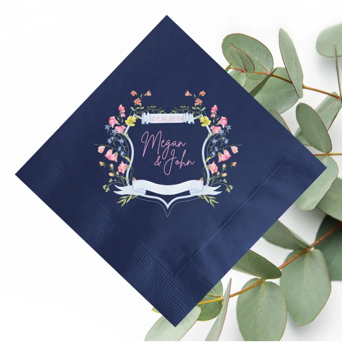 50pcs Floral Crest Custom Wedding Napkins, Personalized Modern Full Color Printed Napkin, Vow Renewal, Anniversary, Rehearsal Di