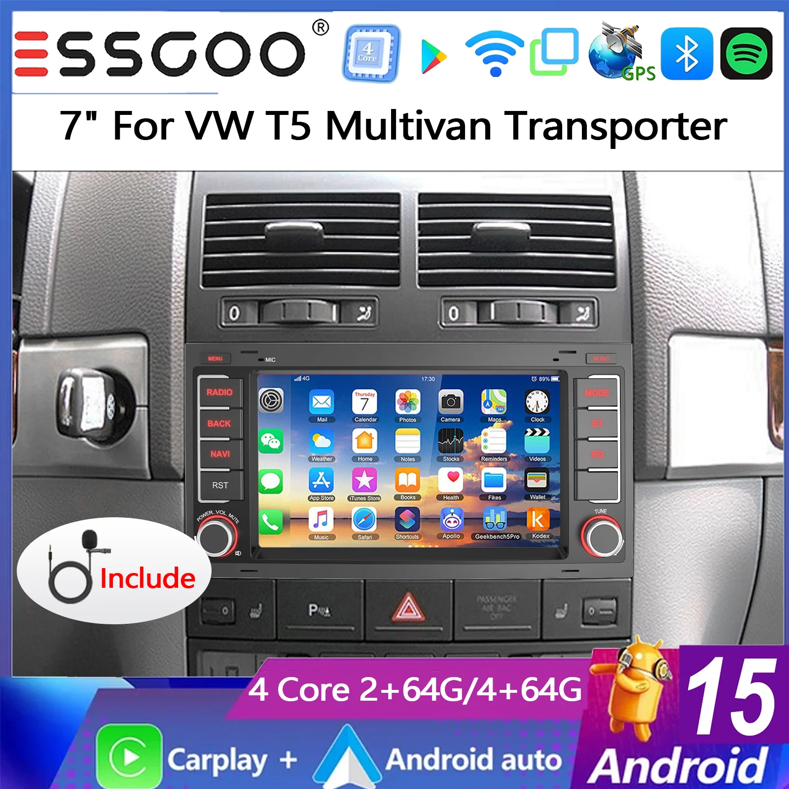 ESSGOO Für VW T5 Multivan Transporter 7" Android 15 2+64G/ 4+64G Autoradio Kabelloses Carplay Android Auto GPS NAVI RDS FM WIFI Bluetooth Mirror Link SWC IPS Touchscreen Multimedia-Player mit Mikrofon