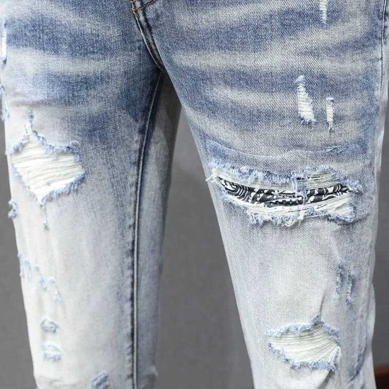 Y2K High Street Fashion New Men's Jeans Wrinkle Washed Nostalgic Perforated Light Blue Jeans Hip Hop Brand Splicing Pants Hombre
