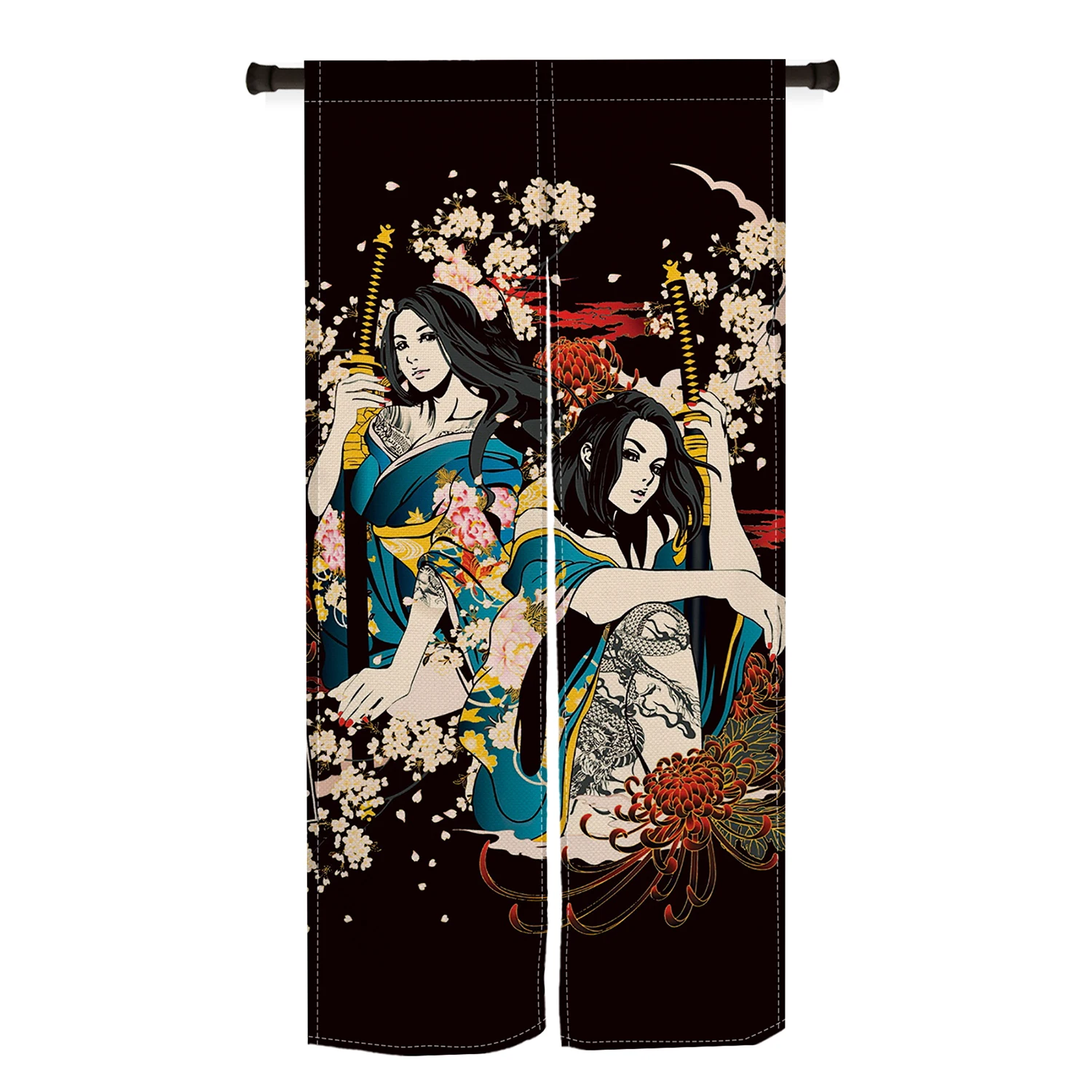 

japanese illustration art noren door curtain linen half panel kitchen entry living decor Enhance spatial aesthetics non-toxic