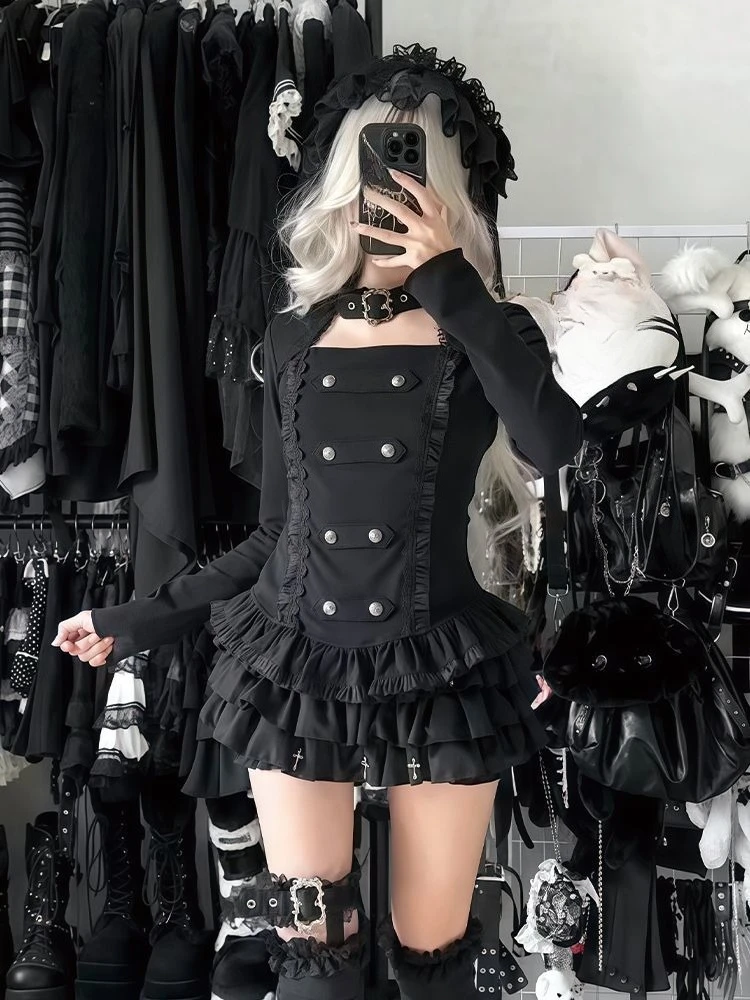 

Gothic Y2k Vintage 2 Piece Set Woman Streetwear Slim Fit Tops Casual Elegant Mini Skirt Lolita Elegant Spicy Girls Set