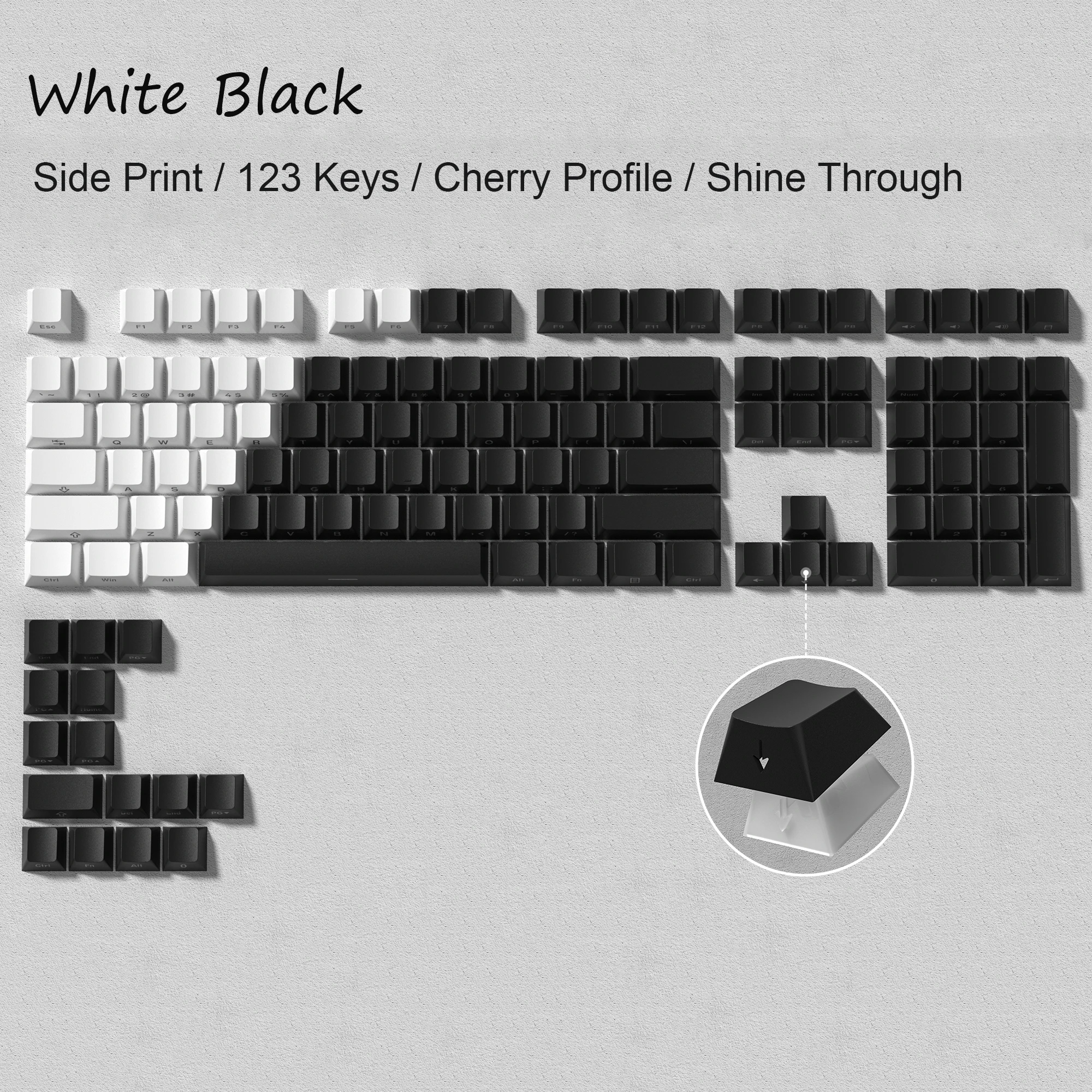 

Колпачки для клавиш Cherry Profile PBT с двойным выстрелом, белые, черные, с боковым принтом, блестящие сквозные колпачки 123, клавиши для переключателей Cherry MX, геймерская клавиатура