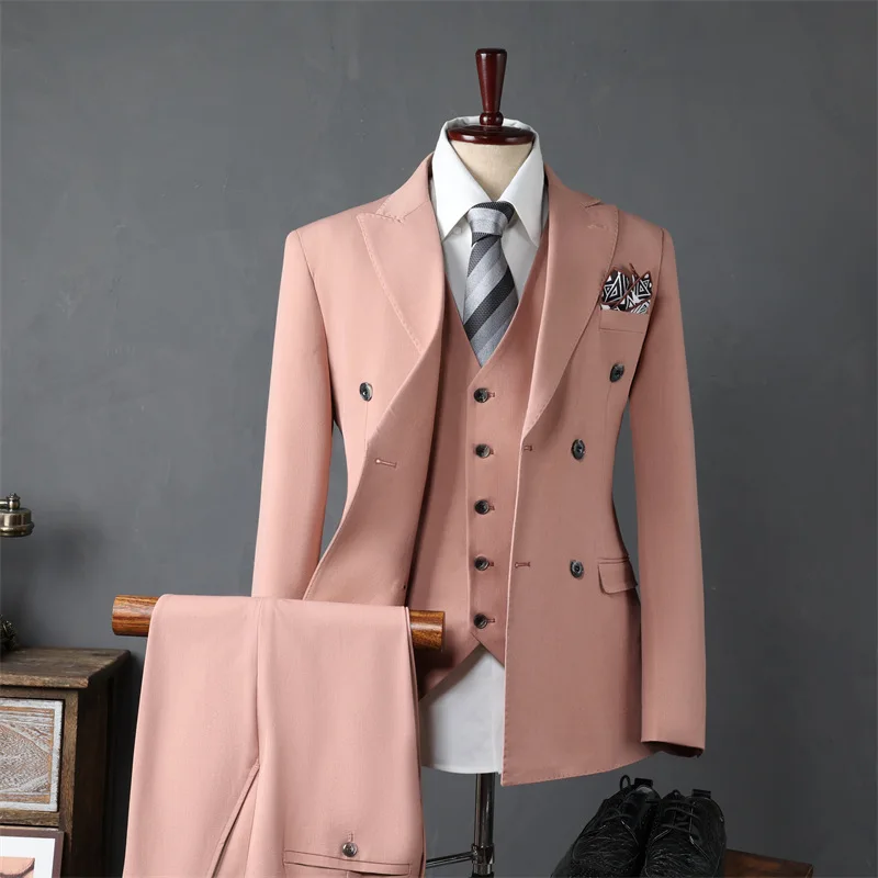 

KIDWHXR Suit Outfit Men Turn Down Collar Blazer Man Single-breasted V-neck Vest Solid Color Pant Male Wedding Groom 3-piece Set