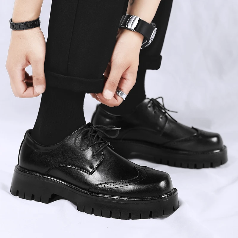 Hight Quality 2024 Spring New British Style Solid Black Leahter Shoes For Men Hombre Daily Casual Banquet Dress Heightening Eff