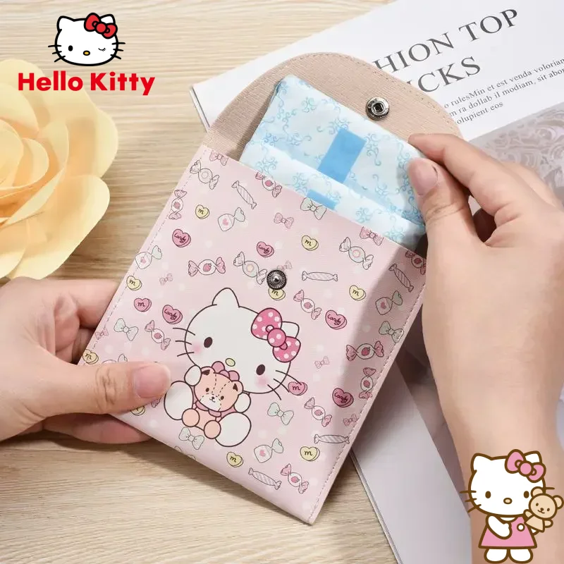 Bolsa de almacenamiento de tampones de cuero PU con estampado de dibujos animados de Sanrio Hello Kitty, bolsa para toallas sanitarias, bolsas de cosméticos portátiles impermeables
