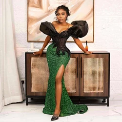 Fabulous Aso Ebi Style Evening Dresses Green and Black Sequins Puffy Off the Shoulder African Birthday Party Dresses Prom Gown