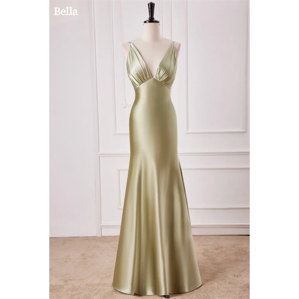 

Bella Champagne Satin Prom Dresses V-neck Mermaid Wedding Dress Elegant Sleeveless Floor-Length Backless Vestidos De Fiesta 2024