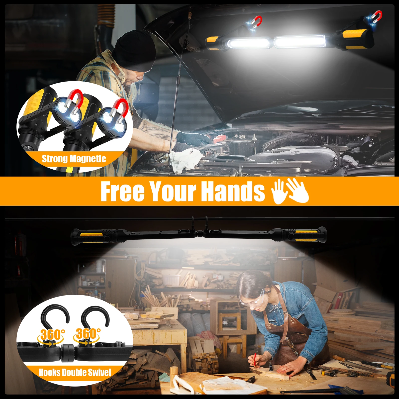 LED Work Light For Mechanic, 2400LM Ultra-Bright LED Floodlight, Work Light, With Semsor Cotrol And Hooks, 3 Light Modes