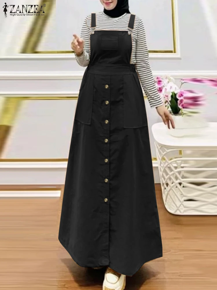 ZANZEA Workwear Muslim Women Pinafore Dress Suspender Islamic Hijab Sleeveless Holiday Overall Dress Streetwear Long Vestidos