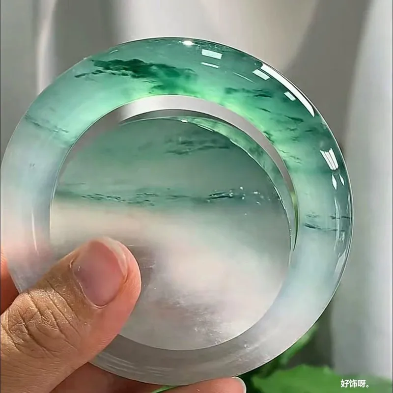 Natural Burmese high-quality, ice-like, green-flowered jade bracelet, round-shaped, from the old mine, popular women's fashion b