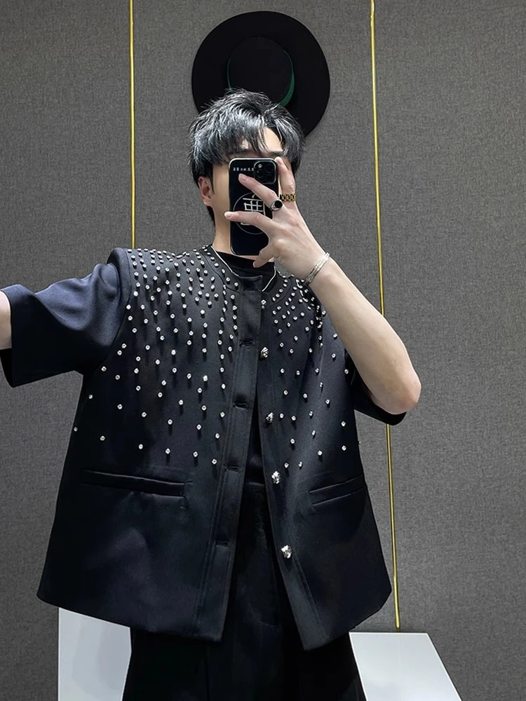 Men's 2025 Summer New Niche Design Diamond-encrusted Small Fragrant Chic Coats Male Fashion Short-sleeve Jackets Trendy Jacket