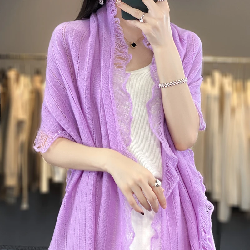 New Chic Spring Women Cashmere Cardigan 100% Merino Wool Grace Soft Knitwear Sweater Tassels Design Scarf Shawls Fashion Tops