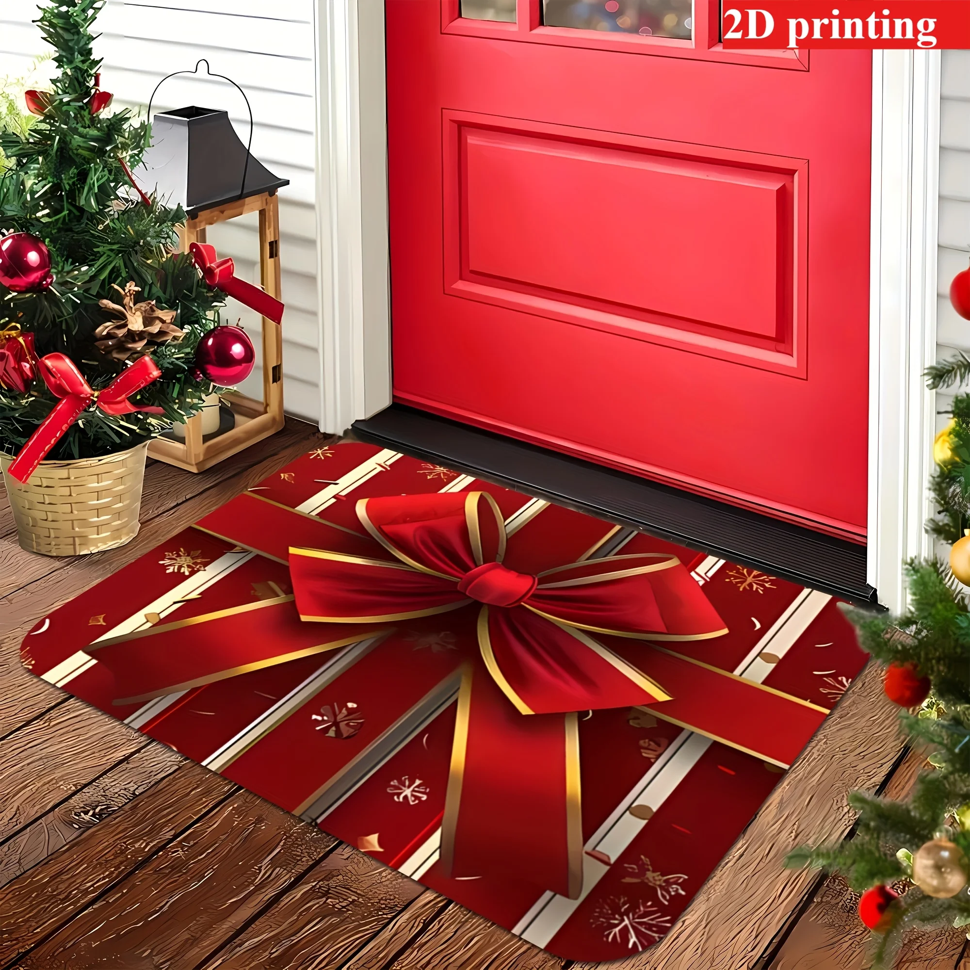 VIKAMA Christmas Doormat Non‑Slip Front Door Rug Washable Indoor Outdoor Xmas Gift Bow Snowflake Holiday Entrance Mat Indoor Rug